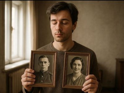 Мужчина держит в руках фотографии своих родителей